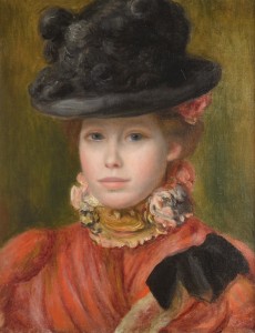 Jeune fille au chapeau noir à fleurs rouges, vers 1890